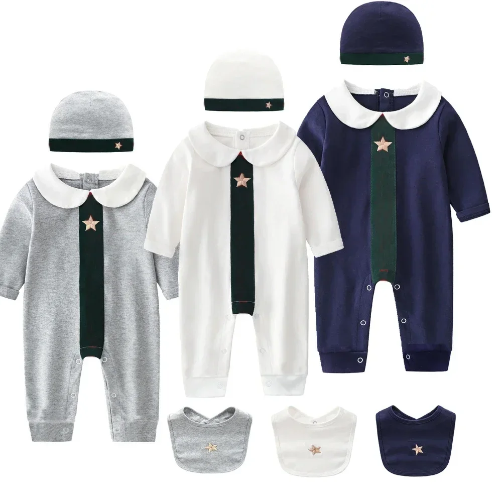 Nuovo arrivo primavera e autunno moda stile di marca vestiti per bambini cotone a maniche lunghe patchwork pagliaccetto cappello e bavaglini set 3 pezzi