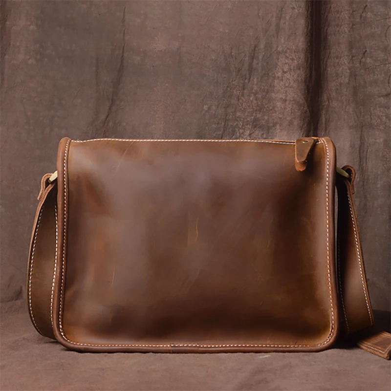 LUOKIR-Bolsa Crossbody de couro genuíno para homens, vintage, lazer, luxo, designer, cavalo louco, couro, ombro, sacos mensageiro