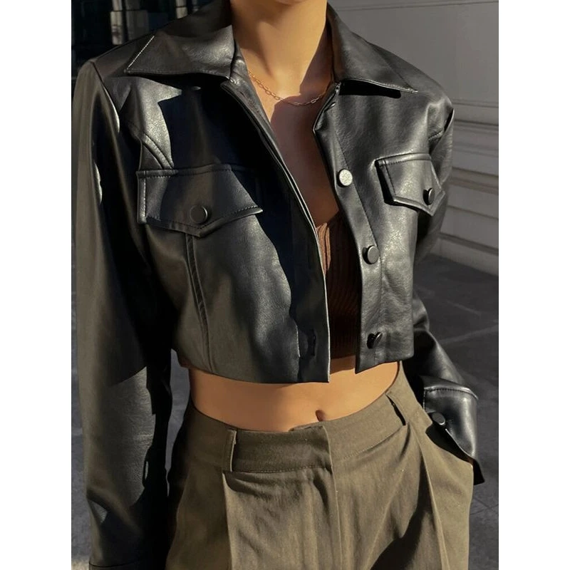 

Сексуальная укороченная кожаная куртка-косуха для женщин, на одной пуговице, приталенная, с длинными рукавами, модный стиль