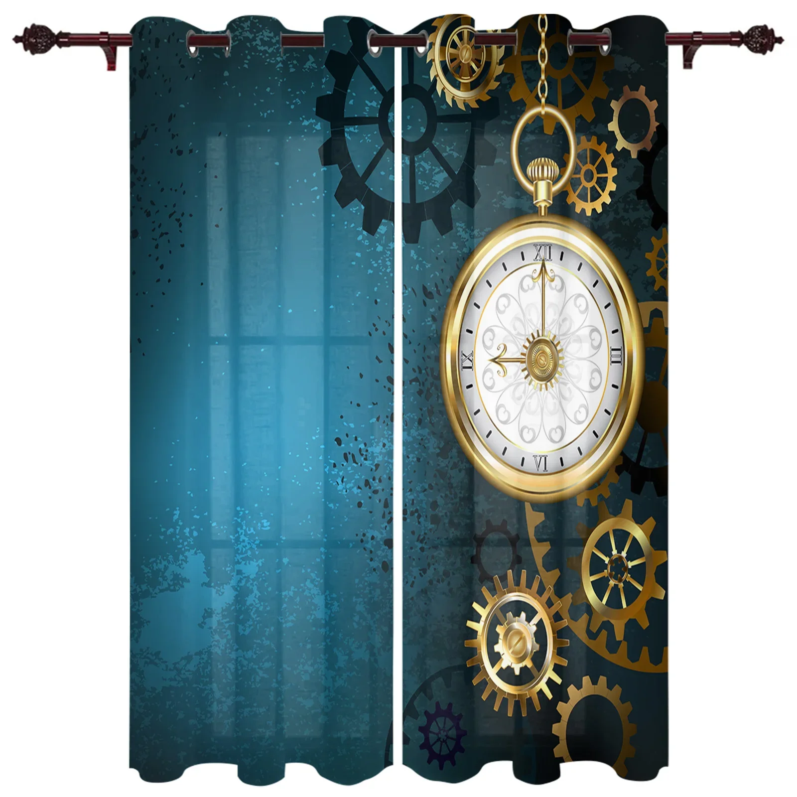 Retro Mechanical Gear Clock Blue Hall Curtains For Living Room Kitchen Boy Girl Bedroom Long Window Curtain Cortinas Home Decor