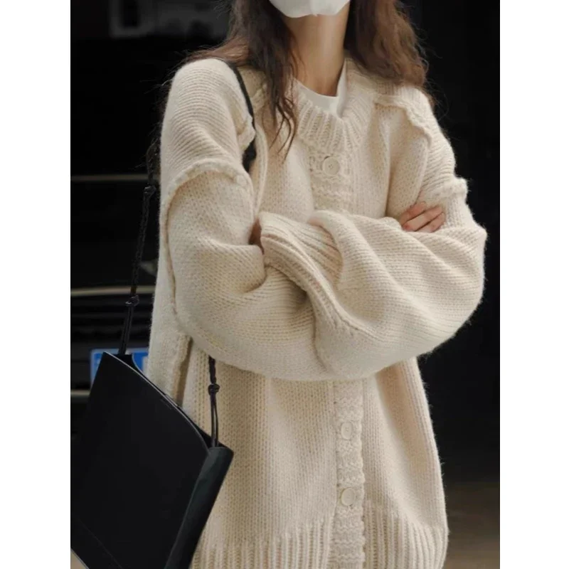 Cárdigan de moda para mujer, suéter holgado de manga larga de punto, Top de Color sólido, ropa de punto informal elegante para otoño e invierno 2025