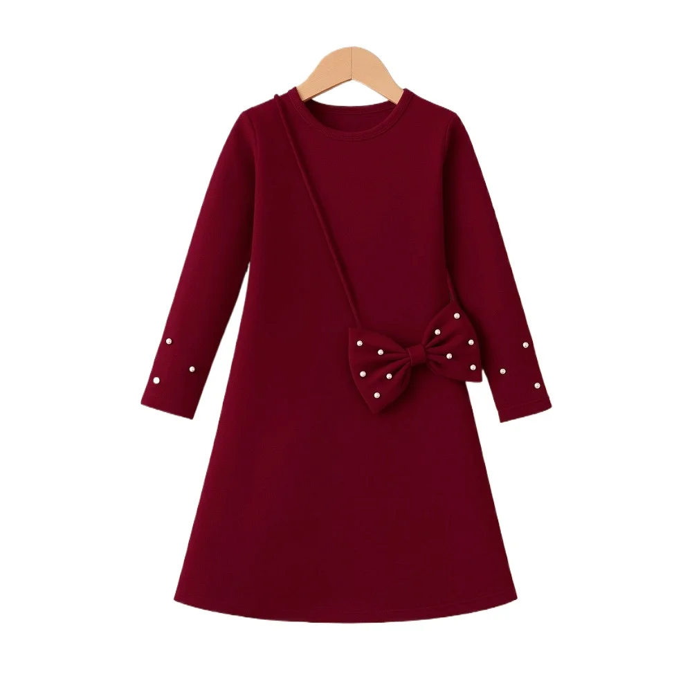 New Arrival Girls Burgundy Dress with Detachable Bow Decoration Fall Spring Elegant Party Dress for Kids  for 100-140cm