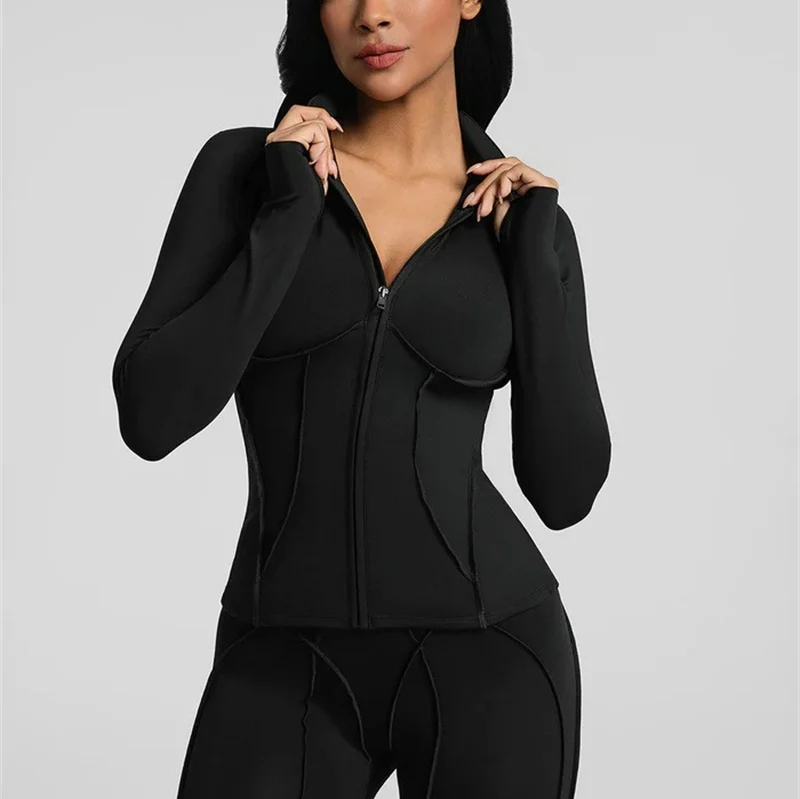 

Тонкая куртка для йоги на молнии, женская спортивная куртка с воротником-стойкой и длинными рукавами, женский однотонный короткий топ, одежда для велосипедного бега и фитнеса
