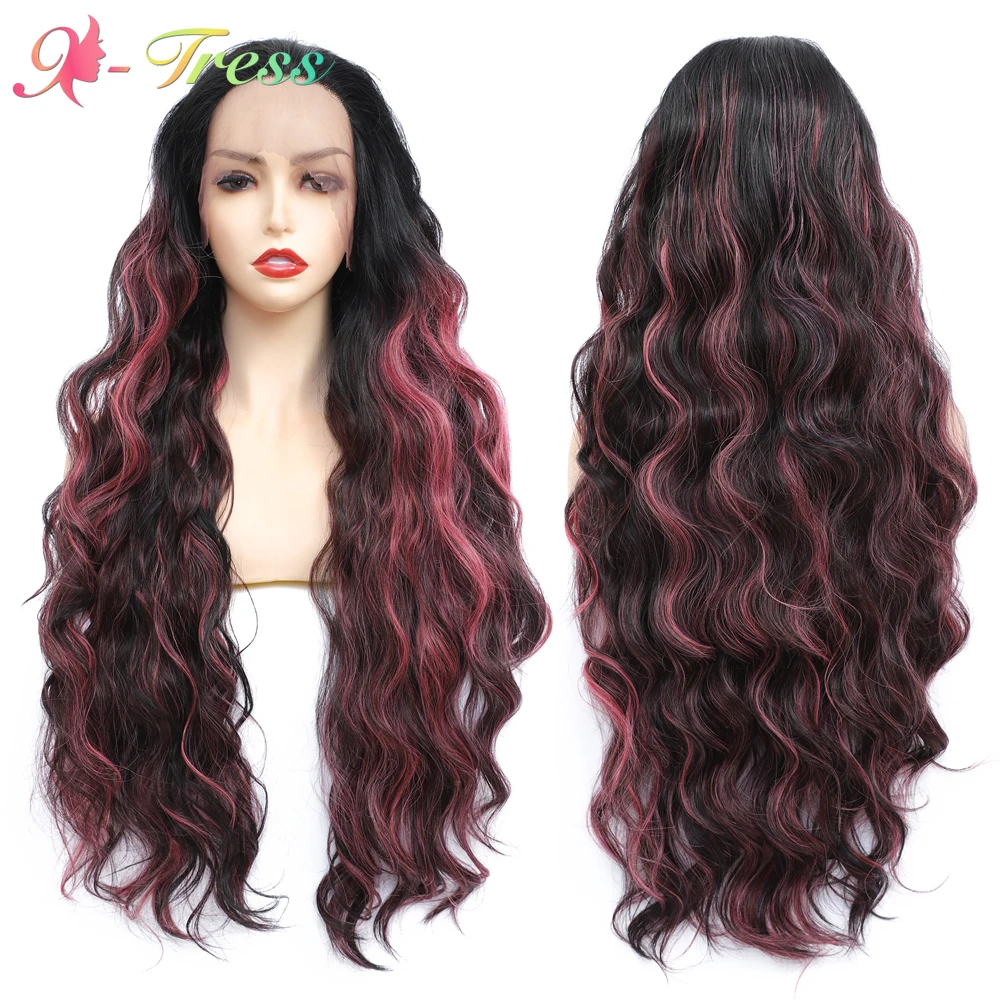 X-TRESS Pink Highlight Synthetic Lace Front Wigs for Black Women 32 Inch Free Part Long Wavy Wig Dark Roots Ombre Synthetic Wig