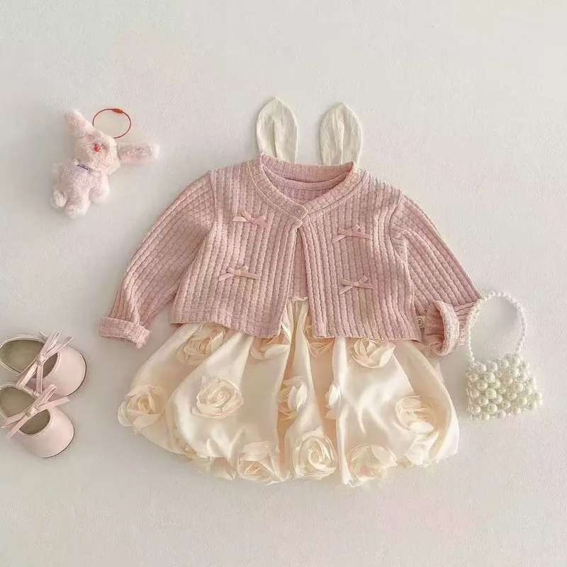 Girls' dress set, baby autumn outfit, stylish new dress and cardigan two-piece set, baby princess outfit for going out