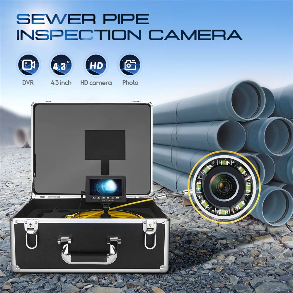 Sewer Pipeline Endoscope 4.3 Inch Monitor DVR IP68 20M Cable Night Vision 17MM 1000TVL 16GB TF Card OEM Sewer Pipe Inspection