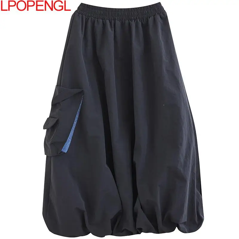 Fashion Spring And Summer Loose Casual Three-dimensional Pocket Denim Stitched Women\'s Mid-length Elastic Waist Vintage Skirt