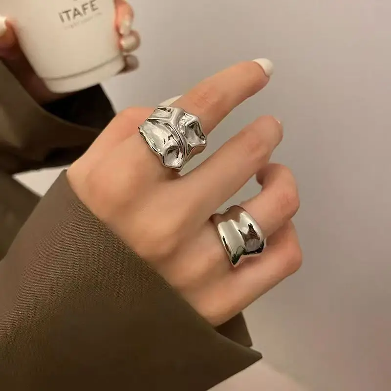 Ring Exaggerated Embossed Retro Hip Hop Punk Minimalist Alloy Silver Tone Women Jewelry Adjustable Lightweight Fashionable