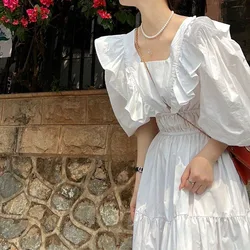 Fashion Ruffles Spliced Temperament Dress Women's Clothing Summer Korean All-match Solid Color Simplicity Female Midi Dresses