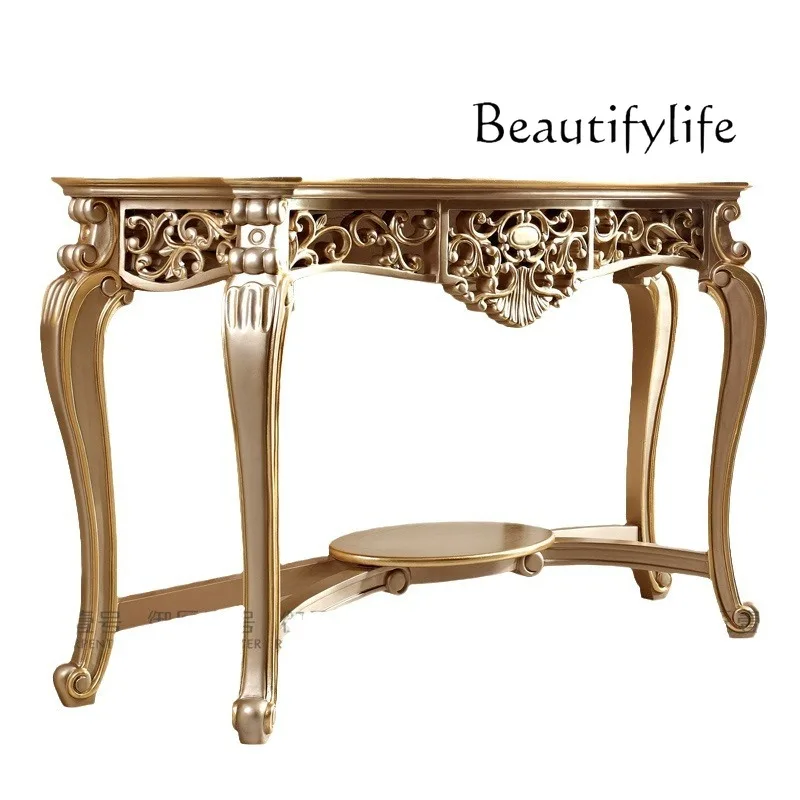 

solid wood entrance table, foyer luxury wall side cabinet against the wall, champagne color entrance entrance platform