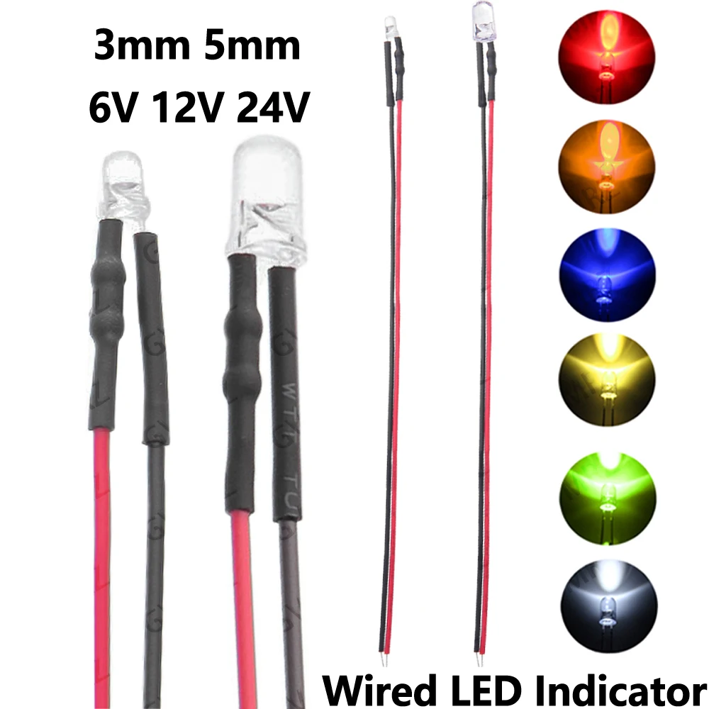 10PCS 3mm 5mm DC 12V 24V Wired LED Indicator Light 3–6V Multiple Colors for PCB DIY Electronics Red/Orange/Yellow/Blue