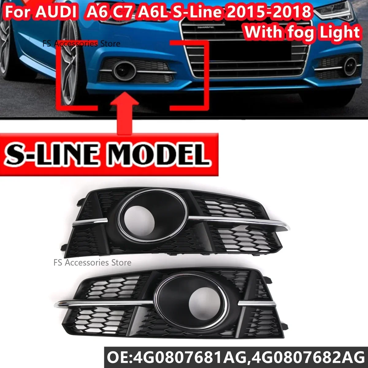 

Pair Fog Light Grille Cover For AUDI A6 C7 A6L S-Line With Fog Light Hole 2015-2018 HONEYCOMB Front Grille Grill 4G0807681AG