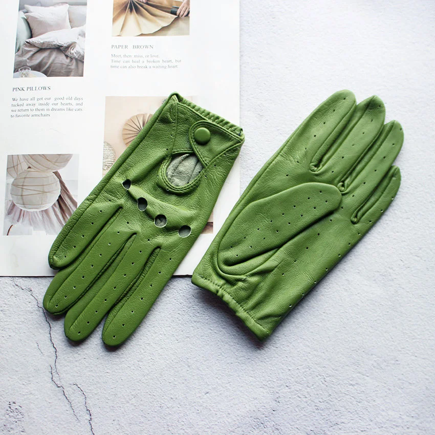 Summer Driving Leather Gloves Women's Thin Sheepskin Unlined Fashionable Hollowed Out All Finger Motorcycle Riding Gloves