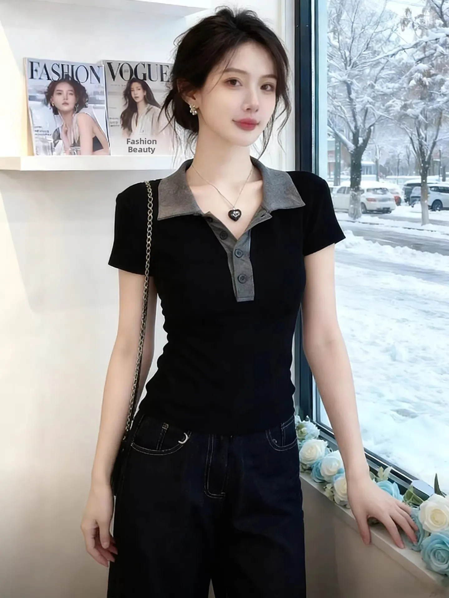 Slim Fit Short Sleeve T-Shirt Women's Black Grey Collared Base Layer Summer Beautiful Special Pretty Waist Cinched Top
