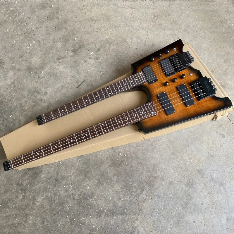 Double Neck Headless Electric Guitar 4 String Bass on Top + 6 String Guitarra Tremolo Bridge Tobacco Burst Flame Maple Top