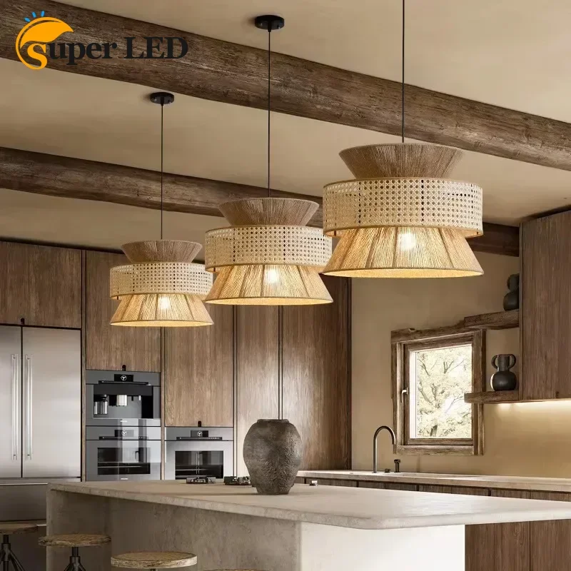 

Hemp Rope Hanging Pendant Light Rattan Made Multiple Layers Designed Chandelier Lamp Apply for Home Bedroom Decorative Lighting