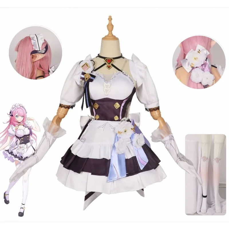 Anime Elysia Cosplay Costume Maid Dress with Accessories Wig Shoes Set Girls Women Uniforms Halloween Party Role Playing Outfits