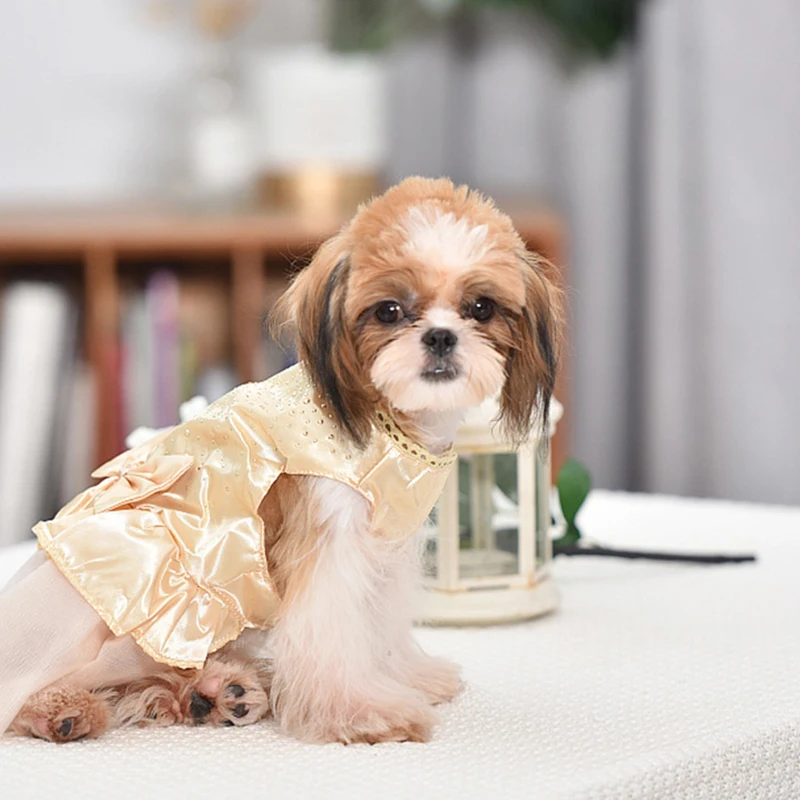 Rhinestone Dress Pet Cat Clothes Big Bows Satin Dresses for Dogs Cat Clothing Chihuahua Summer Pink Wedding Dress Pet Clothes