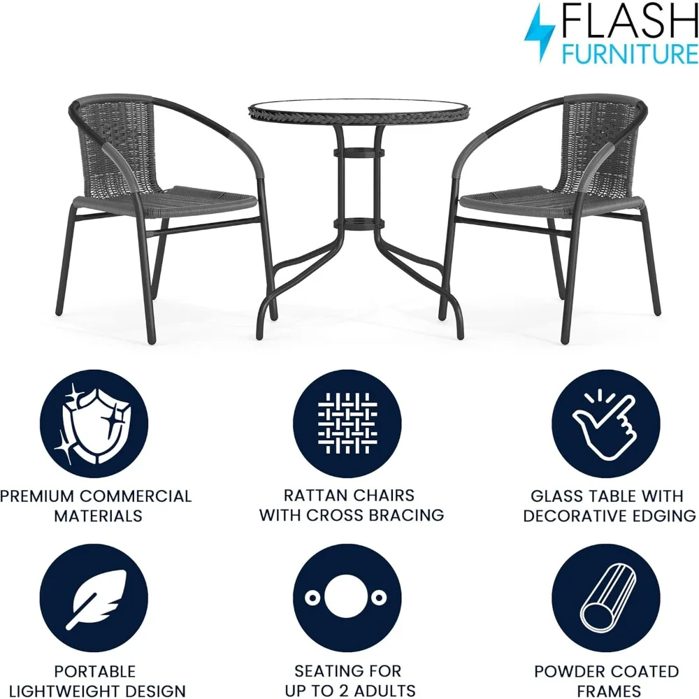 3-Piece Patio Dining Set with Round Glass Metal Table and 2 Stackable Rattan Chairs, Indoor/Outdoor Bistro Table and Chairs Set