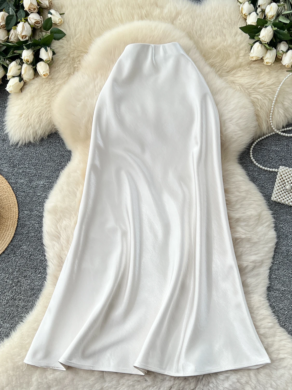 

Ele High Waist Silk Satin A-Line Skirt Women's Autumn Slimming Drapey Ladylike Skirts Ci Commute Faion