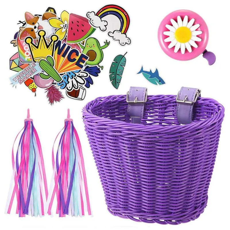 Kids Bike Basket Streamers Bell Set Children's Bicycle Handlebar Basket with Girl Hair Clips Cute Accessories Kit for Kids Bike