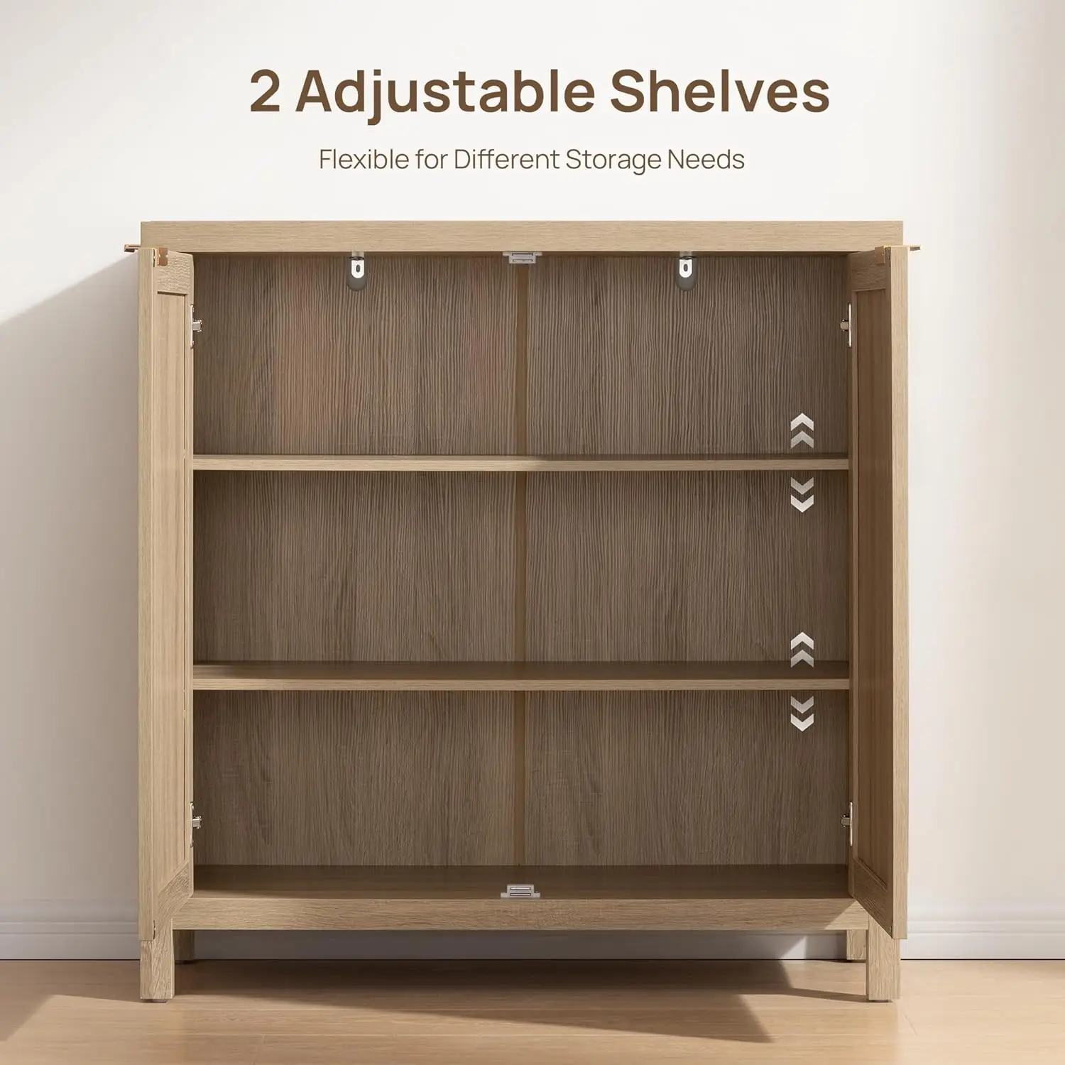 籐製サイドボードビュッフェキャビネット、調節可能な棚付き、ボヘミアンスタイルの食器棚、キッチン、リビングルーム、玄関用、ナチュラル、2個セット