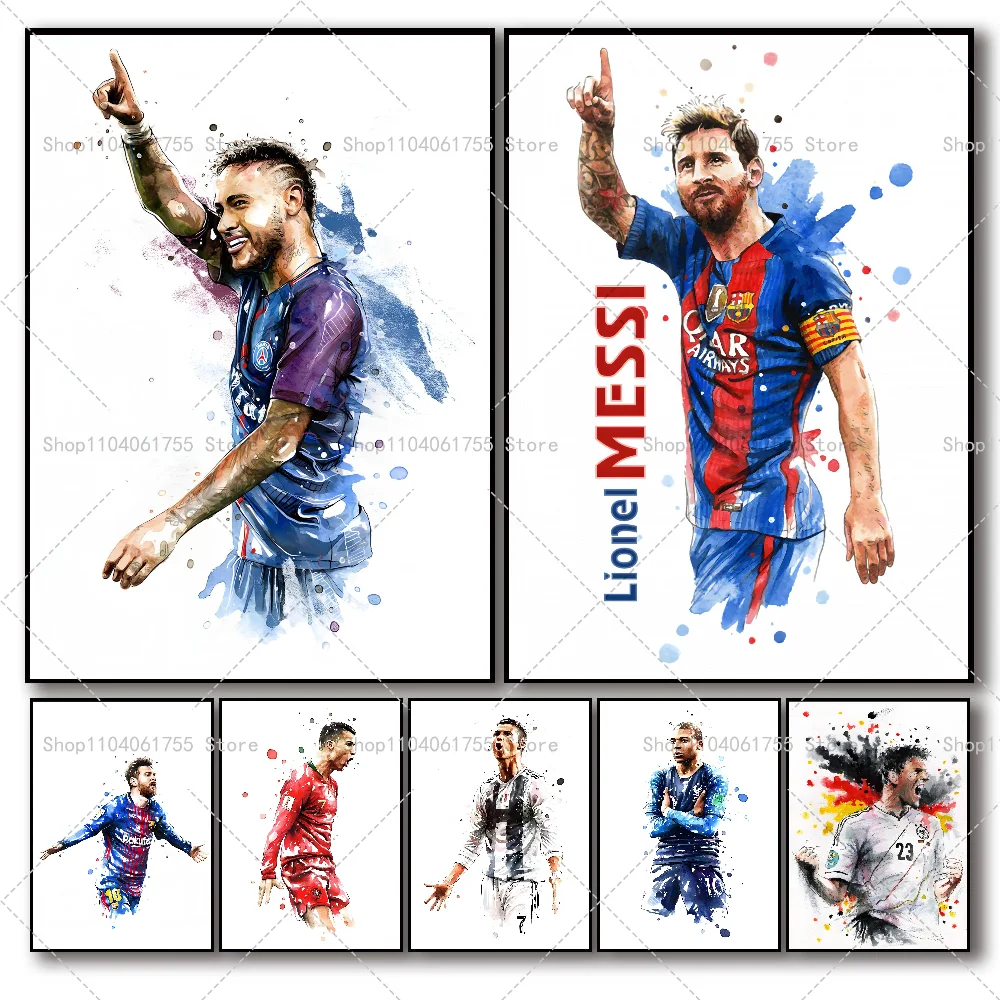 1PC Watercolor Soccer Star Poster Self-adhesive Art Waterproof Paper Sticker Coffee House Bar Room Wall Decor