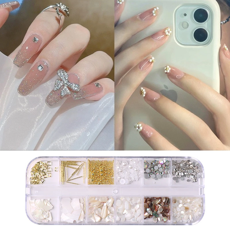 12 Grids Butterfly Nail Art Decorations Set with Mixed Shells, Rivet, Pearl Rhinestones Mixed Shapes and Colors