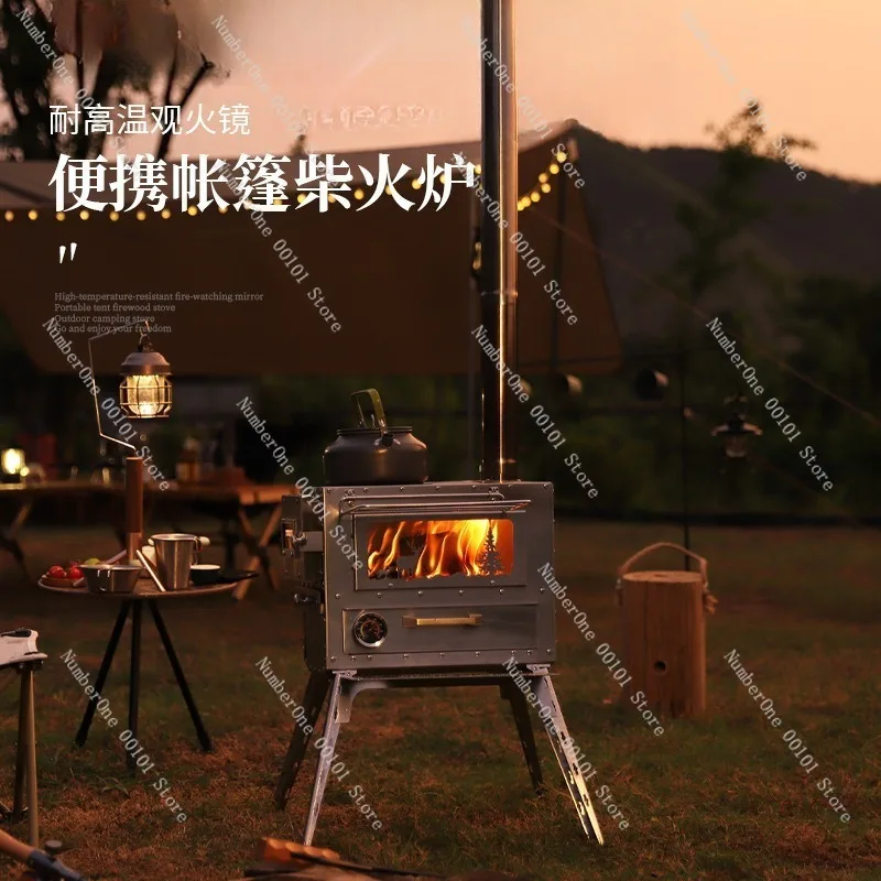 Outdoor stainless steel camping stove, glass chimney design, folding portable heating oven, charcoal fire stove, durable