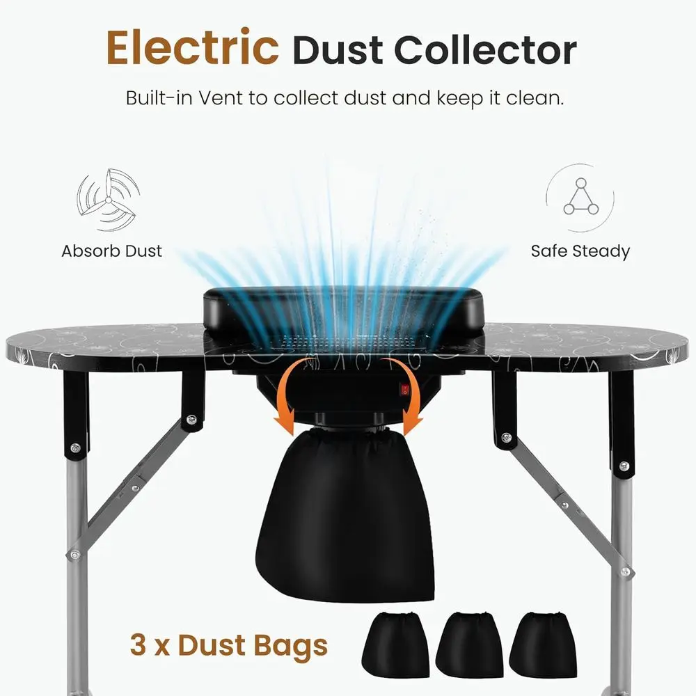 Portable LED Nail Lamp Manicure Table with Electric Dust Collector, Wrist Rest, Lockable Wheels, and Carry Bag for Nail Technici