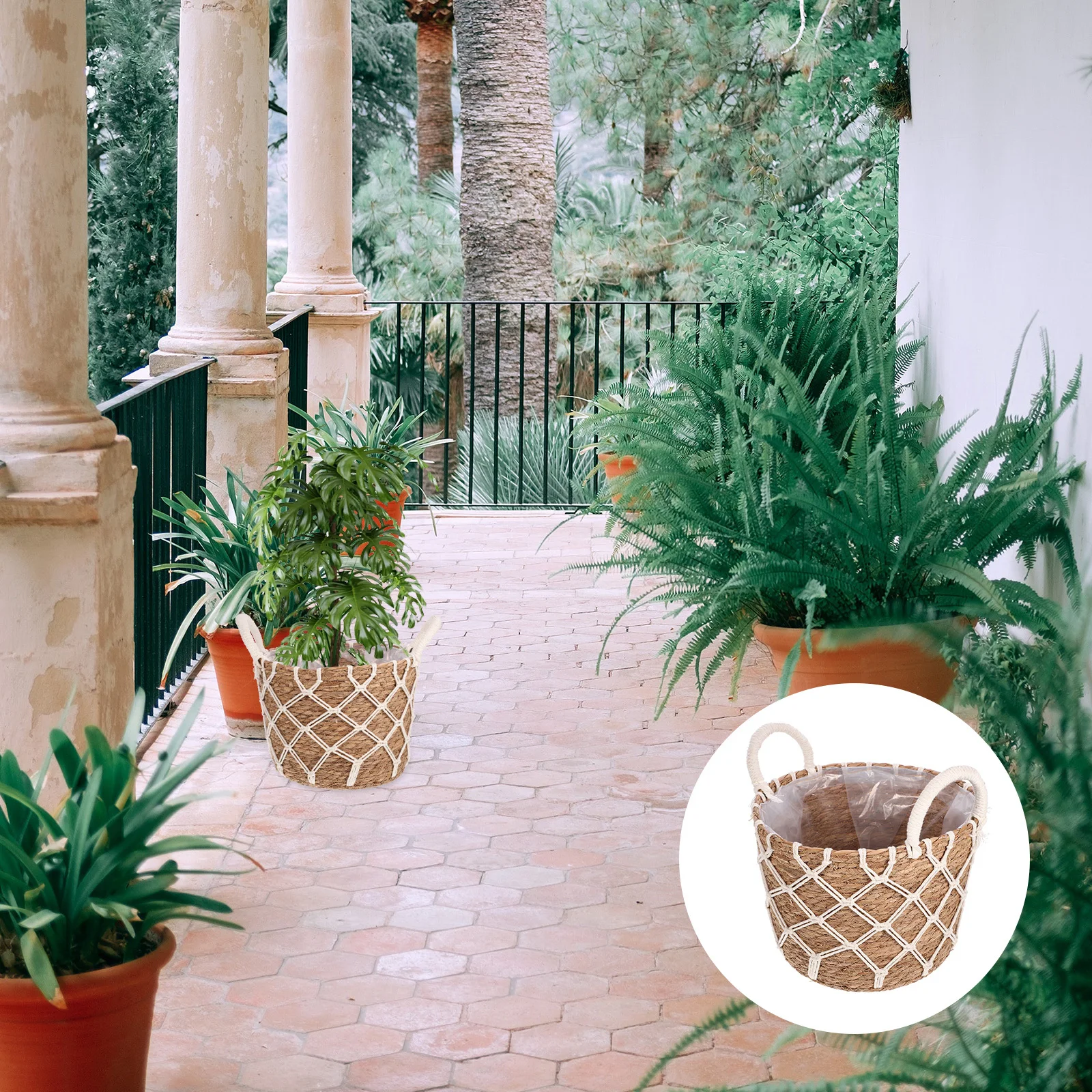 

Woven Basket Straw Planter with Liners Small for Plants Indoor Decorate Polyester Handmade