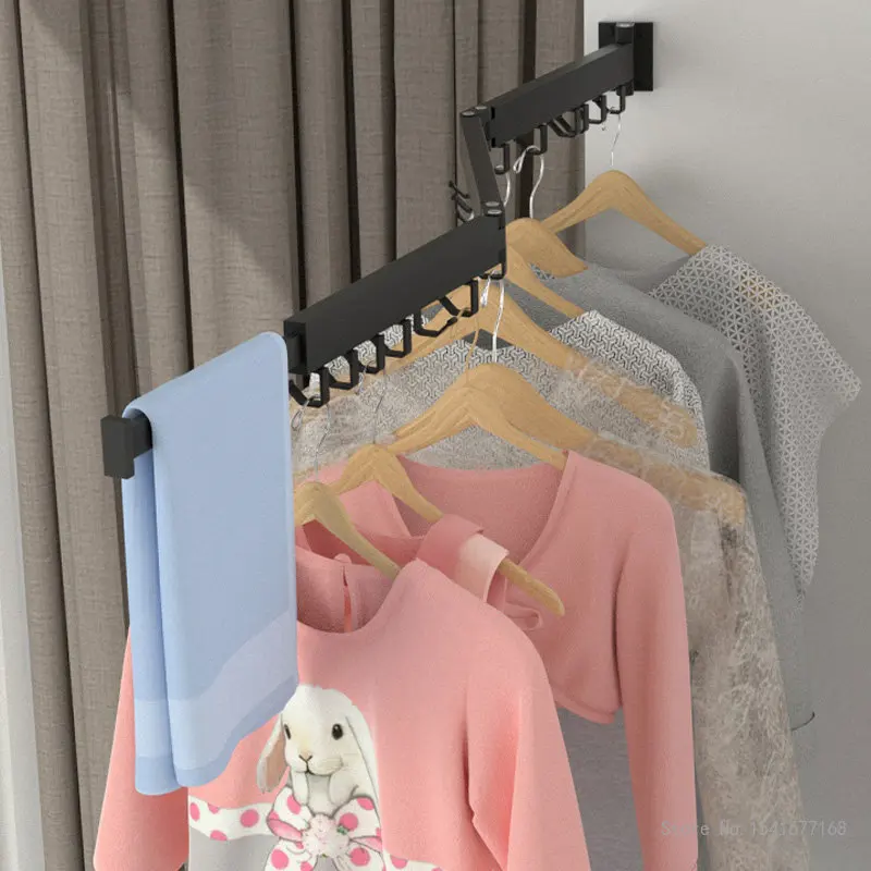 Retractable Clothes Hanger for Bedroom Swivel Hook Wall-Mounted Wall, Perforated, Punch-Free Space, Aluminum, Corner Drying Rack