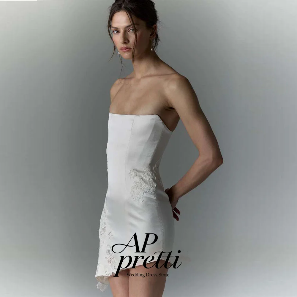 AP pretti Modern Customized Strapless Satin Bridal Gown With Floral Lace Appliques Asymmetrical Hem Wedding Dresses For Woman