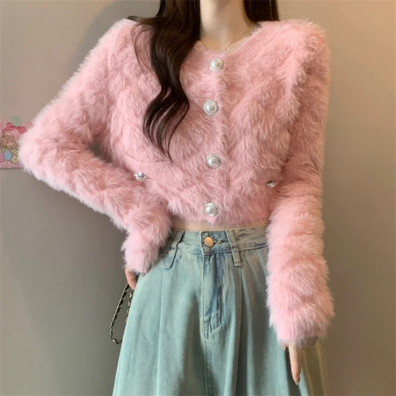 Kimotimo Knitted Cardigan Women 2024 Autumn Winter Round Neck Slim Short Plush Sweater Solid Long Sleeve Gentle Sweet Y2k Tops