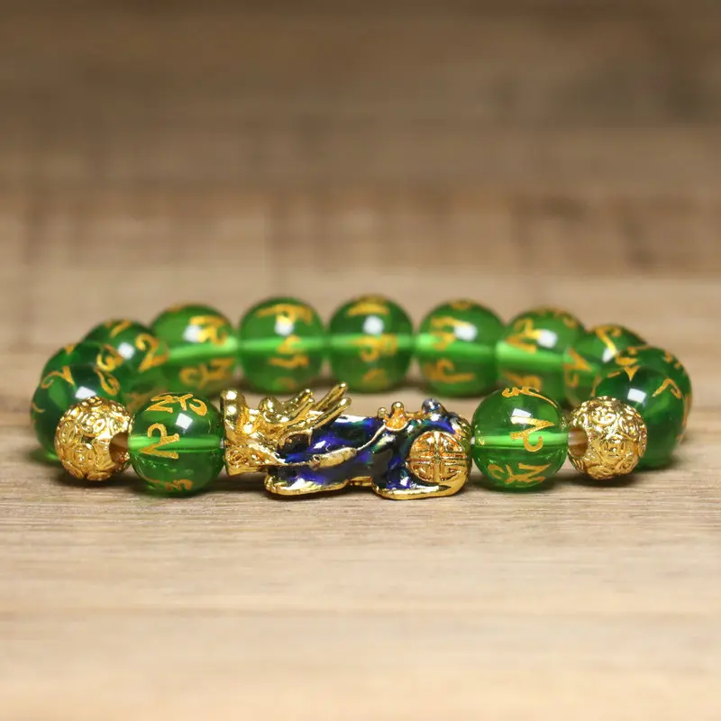 Gemstone Beads Bracelet  with Golden Pixiu Charm (Green/Blue/Yellow), Adjustable Wealth Energy Jewelry for Luck & Anxiety Relief