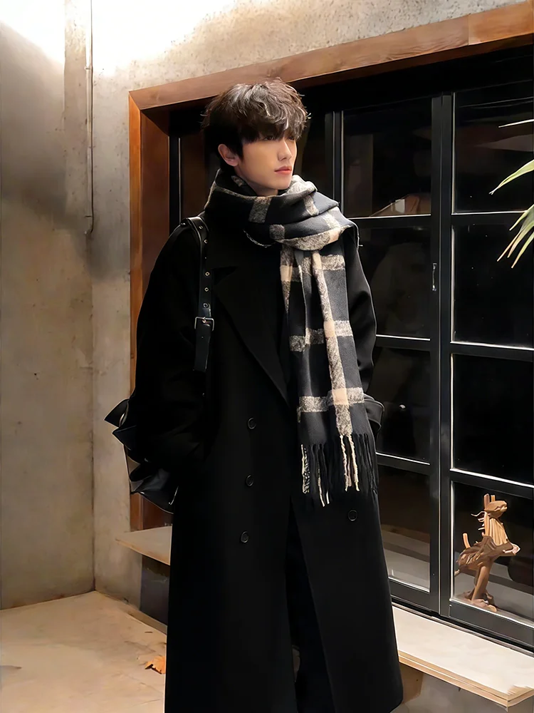 

Thiened Woolen Coat Men's Mid-Length Overcoat Winter Faion Briti Sle Casual Coat Warm Windproof Long Sve Coat