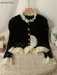 Velvet Jackets for Women Vintage Ruffles Design Temper Fashion French Style Aesthetic Clothes All-match Soft Autumn Winter Mujer