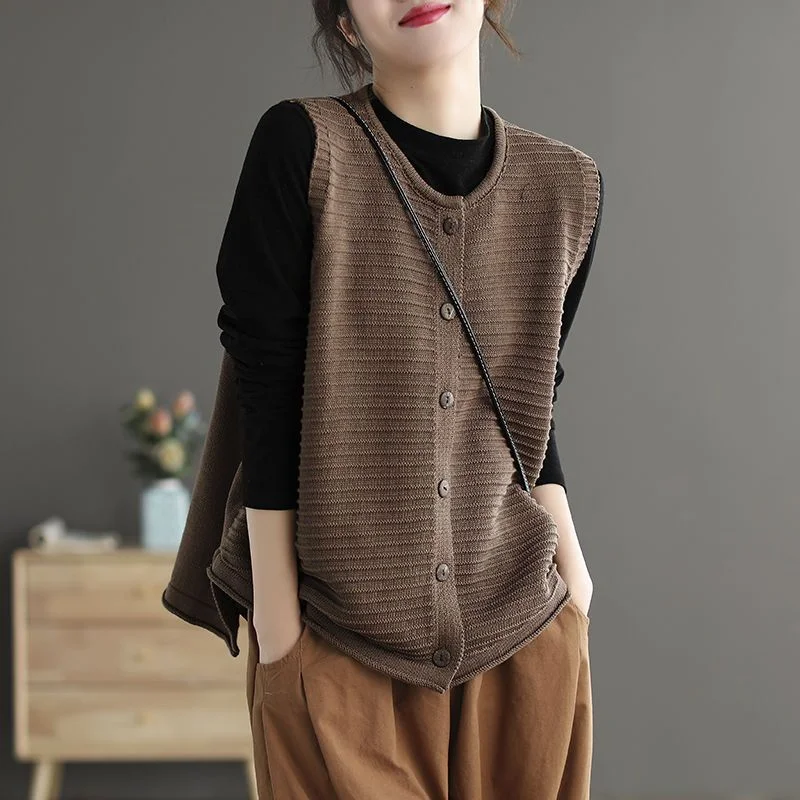 Damska, nowa, szyta kamizelka z okrągłym dekoltem, zapinana na guziki, modna, w jednolitym kolorze, luźna, uniwersalna, dzianinowa bluzka bez rękawów.
