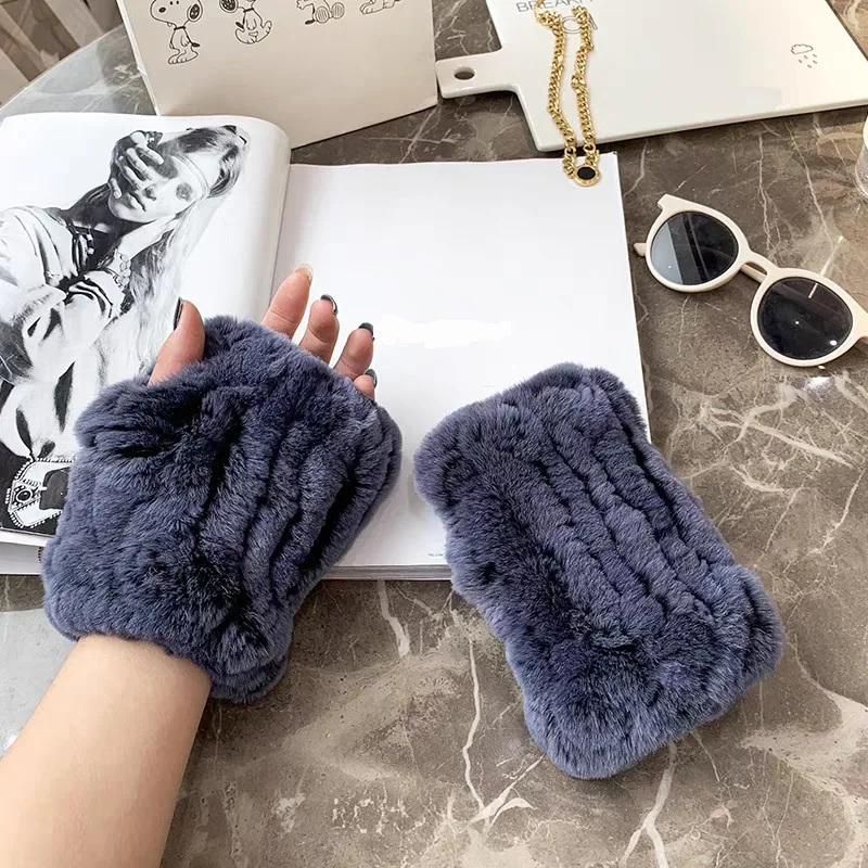 新入荷-女性用-天然ウサギ毛皮手袋-ニット製-暖かい-本物のレックスラビットファー-ミトン-レディース-冬用-アウトドア-レックスラビットファー手袋