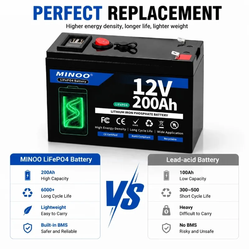 12V50Ah 80Ah 120Ah 180Ah 200Ah LiFePO4 Battery Rechargeable Cells 15000 Cycle with BMS For RV/ Vans/ Camping/ Home Storage/Solar