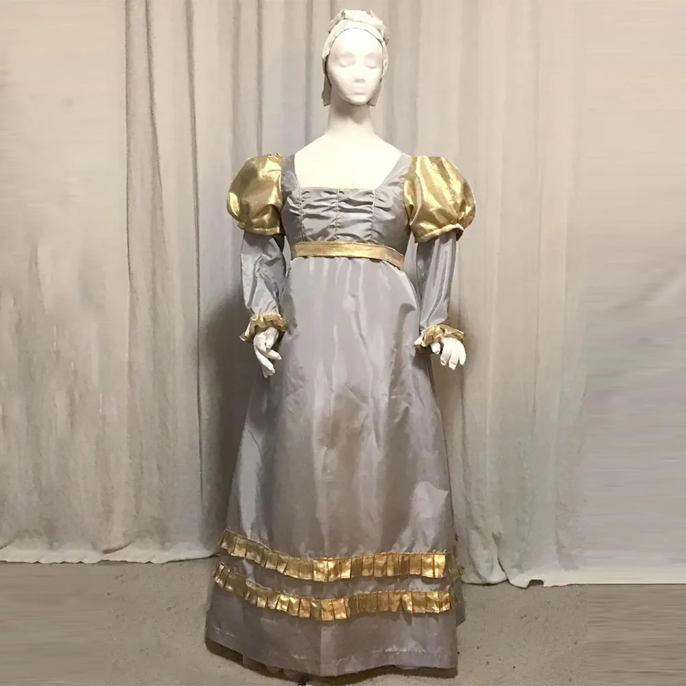 

Regency Day Dress Women's British Puffy Long Sleeve Ball Gown Medieval Jane Austen High Waistline Tea Party Walking Dress