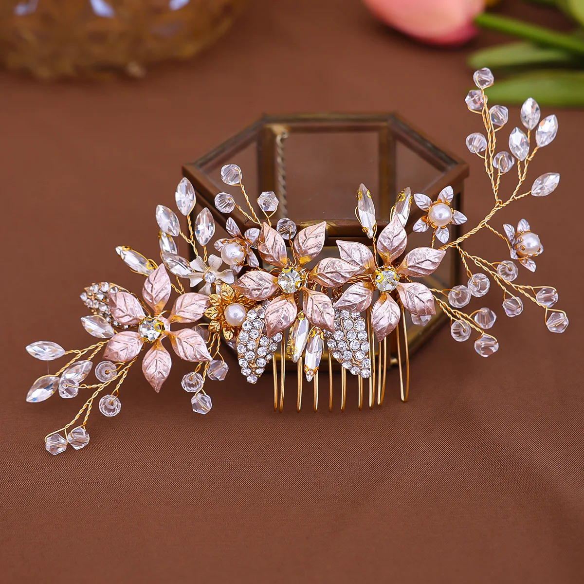 Europese Stijl Bruid Haar Kam Luxe Bloem Tiara 'S Voor Vrouwen Strass Gouden Haarspeld Elegante Bruiloft Haar Decoratie Sieraden