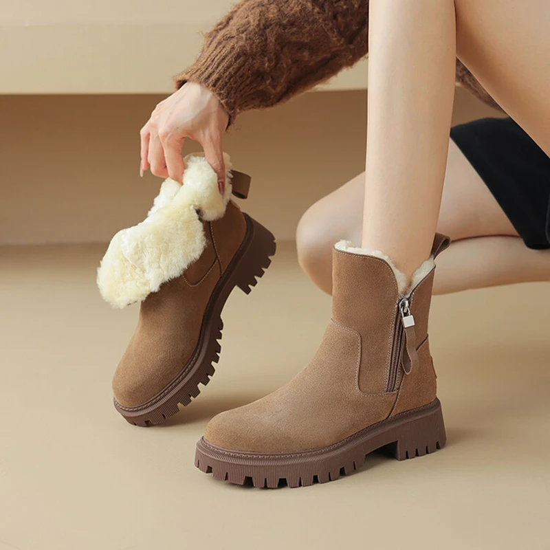 NEW Winter Women Boots Cow Suede Leather Shoes for Women Round Toe Chunky Heel Short Boots Zipper Platform Shoes Wool Snow Boots