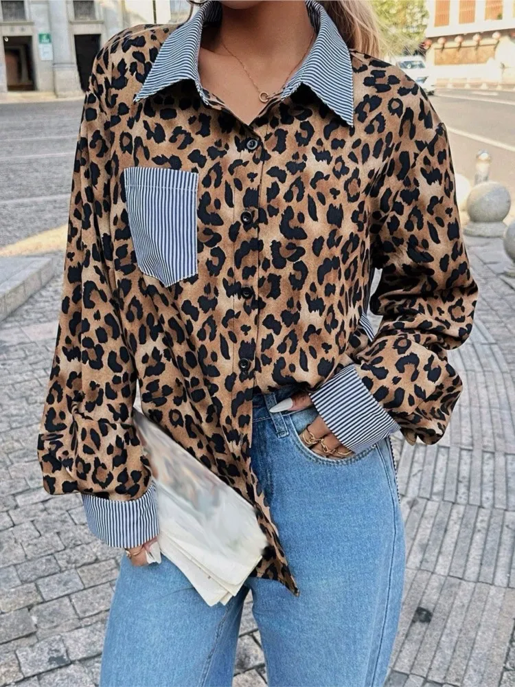 

Fashion Striped Leopard Print Shirt For Women Casual Long Sleeve Turn-down Collar Shirts Tops Lady Holiday Office Clothes New