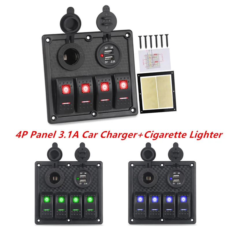 4 Gang Rocker Switch Panel Dual USB Port Accessories 12V Outlet Combination Cigarette Lighter Socket For Car Yacht Caravan Truck