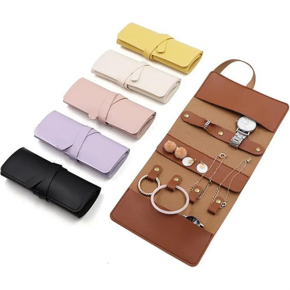 Portable Jewelry Storage Bag PU Leather Necklace Organizer Roll Bags Foldable Earring Ring Gifts Pouch for Women Girls Travel