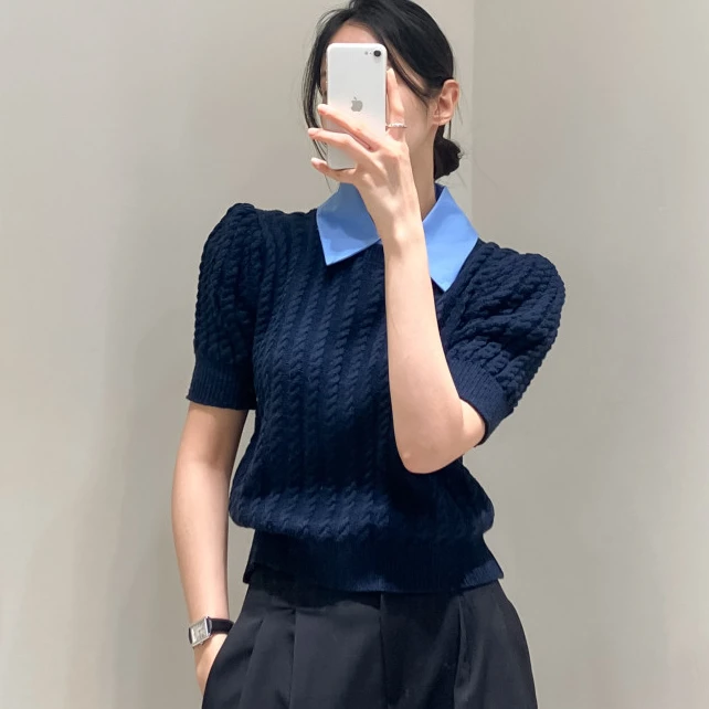 Korean Vintage Knitted Sweater Tshirt Women Fake Two Pieces Puff Short Sleeve Turn-down Collar Tees Tops Workwear Fashion Jumper