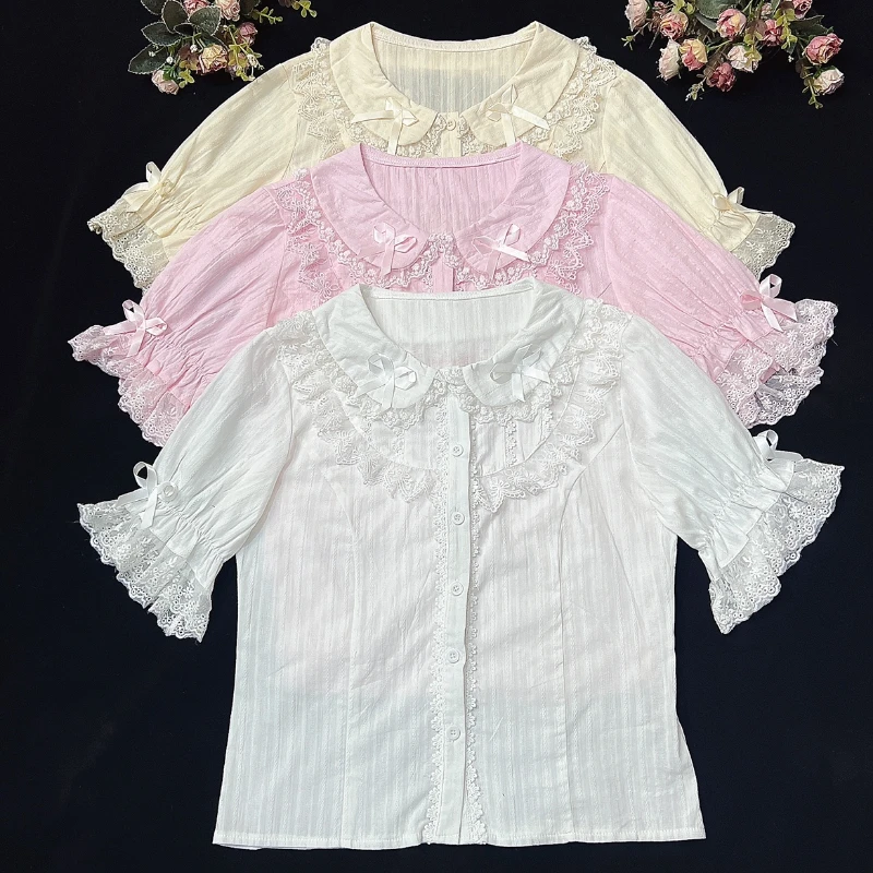 Sweet Lolita Woman Blouses 2022 Loose White Shirt Lace Bow Short Sleeve Tops Women\'s Korean Clothing Summer Chic Female Blouse