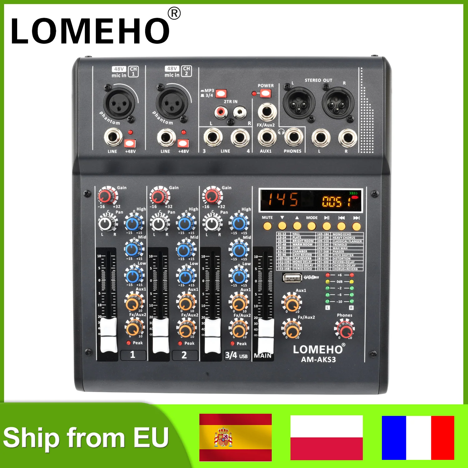 LOMEHO 320 DSP Effects Audio Mixer 2 AUX Output 4 Channels Sound Mixing Console Table 48V Phantom Bluetooth Compatible AM-AKS3