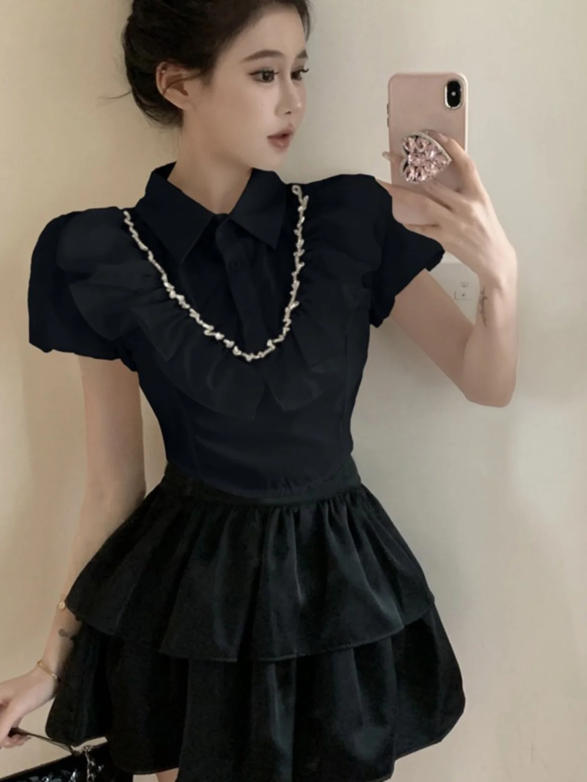 Ele White ort Bubble Sve Collare da donna irt Nicole Rose Brand Commute Sle Colore puro Bottone singolo Multiplo...